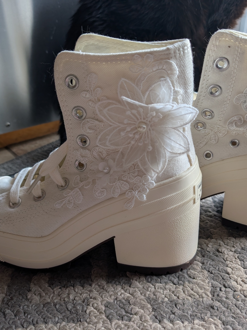 White Floral Embroidered Converse Platform Lace-Up Boots- Unworn, New